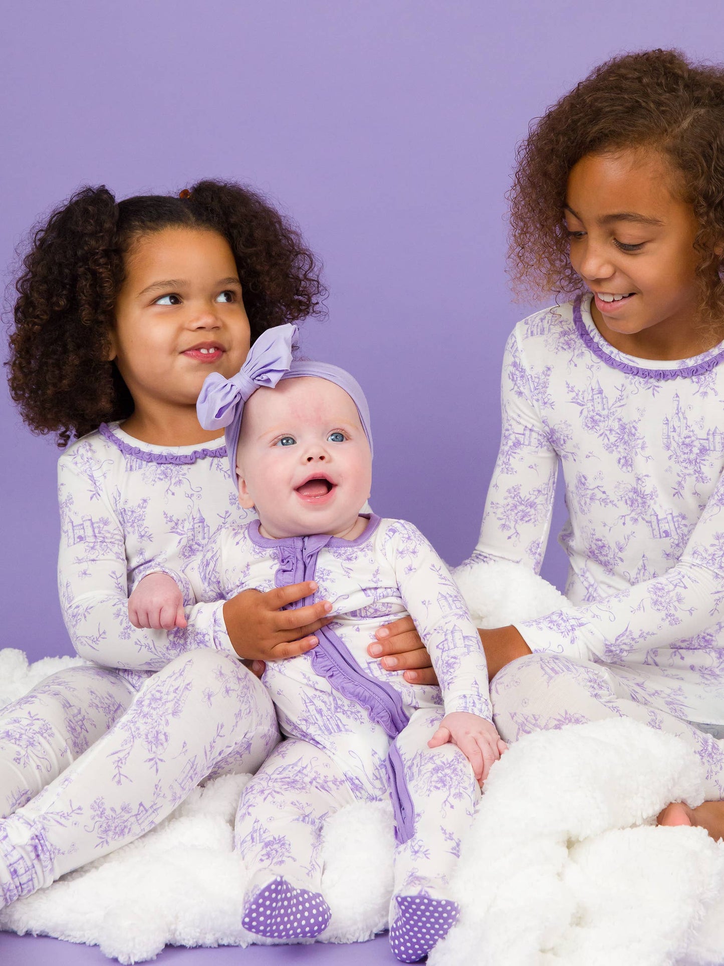 Toddler Girls Purple Princess Castle Toile Bamboo Viscose Ruffle Long Sleeve Pajama Set