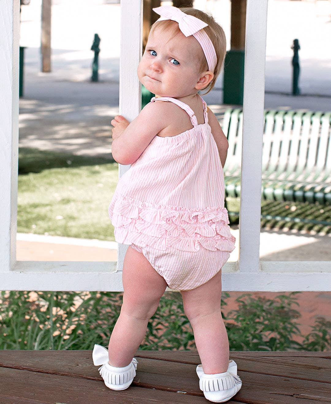 Baby Girls Pink Seersucker Bow Front Woven Bubble Romper