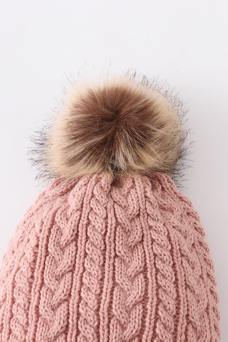 Dust rose cable knit pom pom beanie hat baby toddler adult