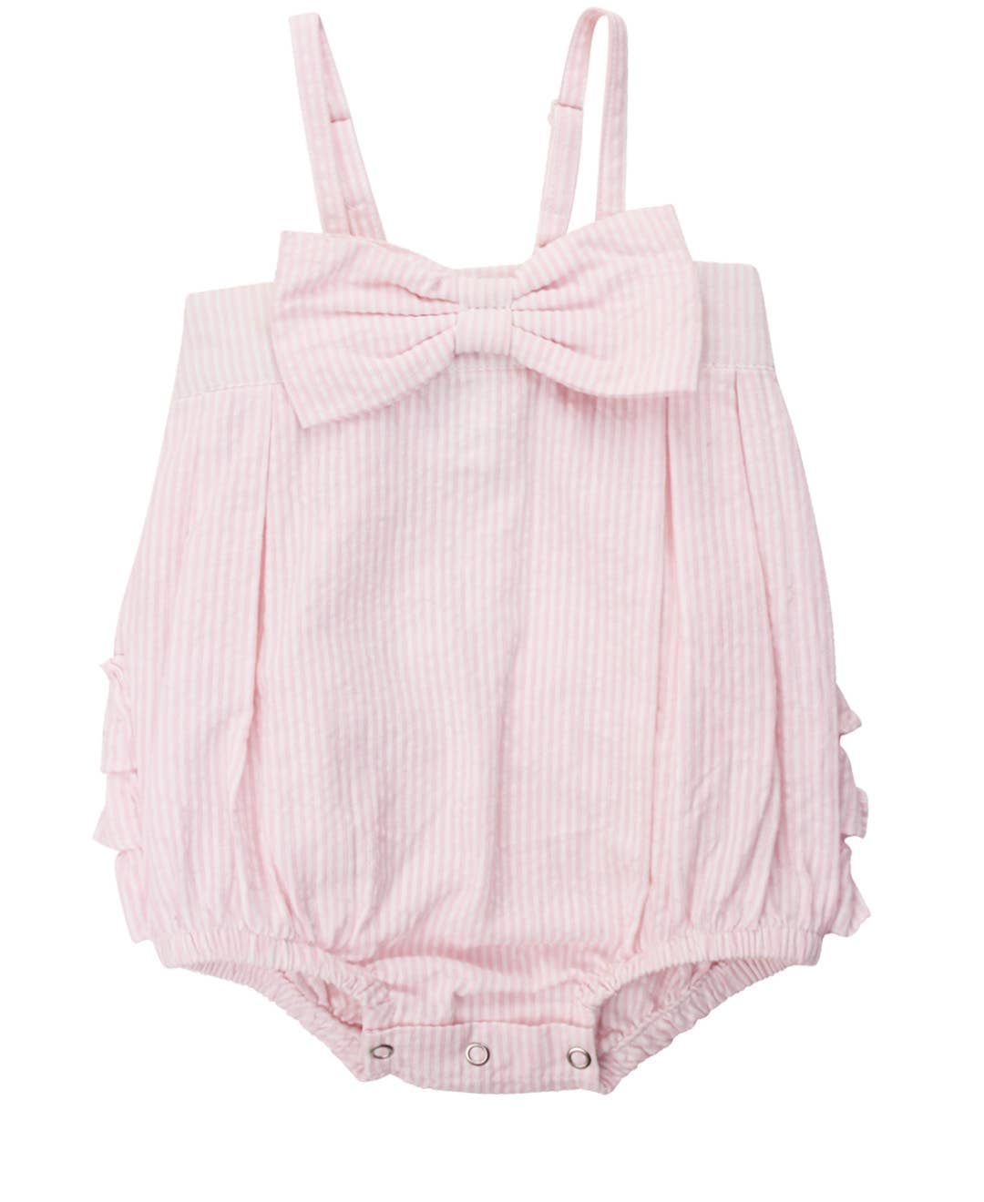 Baby Girls Pink Seersucker Bow Front Woven Bubble Romper