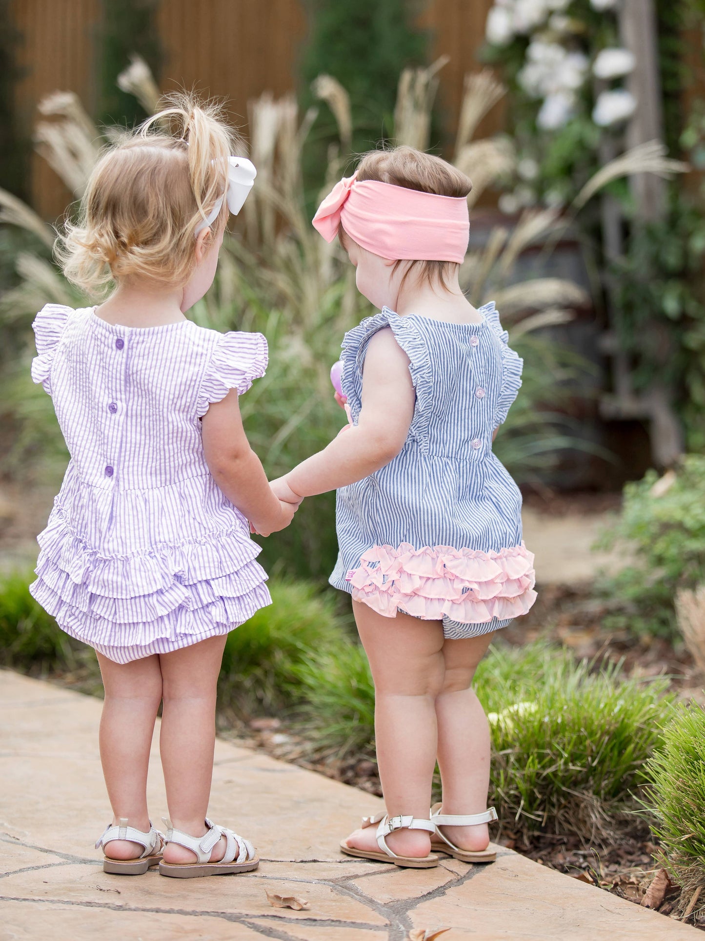 Baby Girls Blue Seersucker Classic Ruffle Bubble Romper