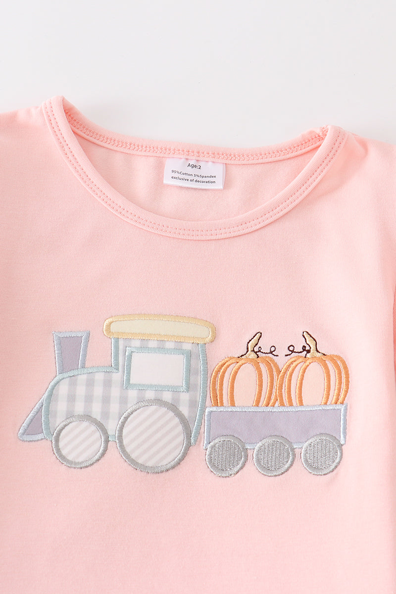 Beige train pumpkin applique girl set