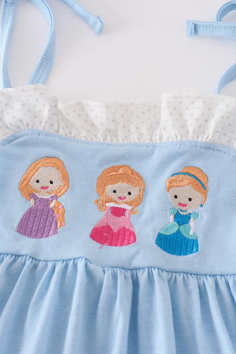 Blue princess embroidery ruffle girl set