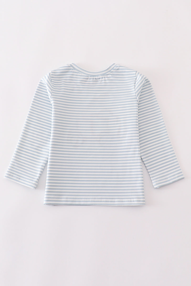 Blue stripe muck car applique boy top