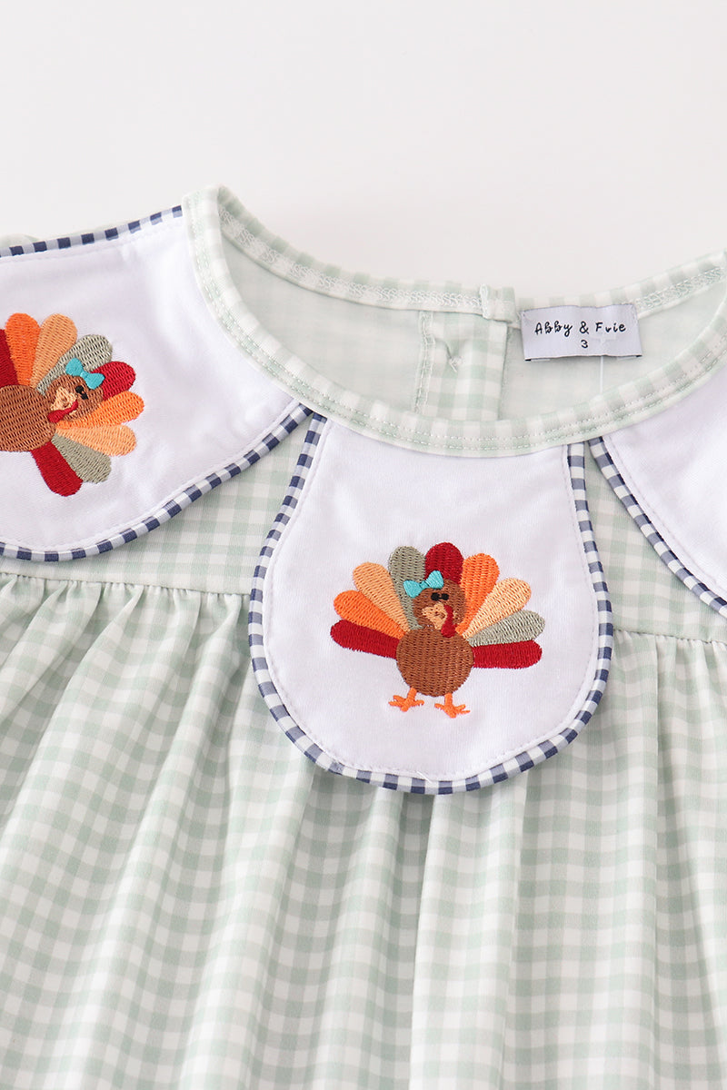 Sage turkey embroidery gingham girl set