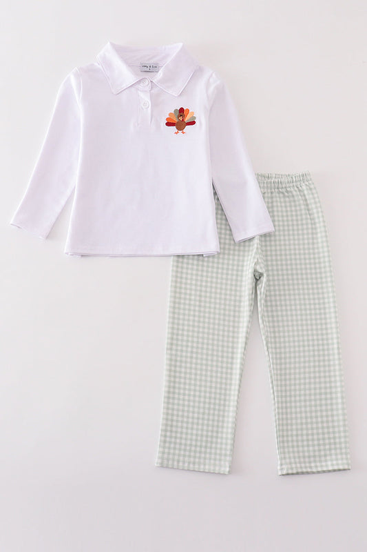 Sage turkey embroidery gingham boy pants set