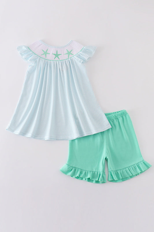 Blue stripe starfish embroidery smocked girl set