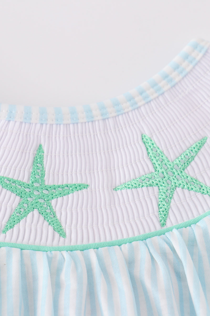 Blue stripe starfish embroidery smocked girl set