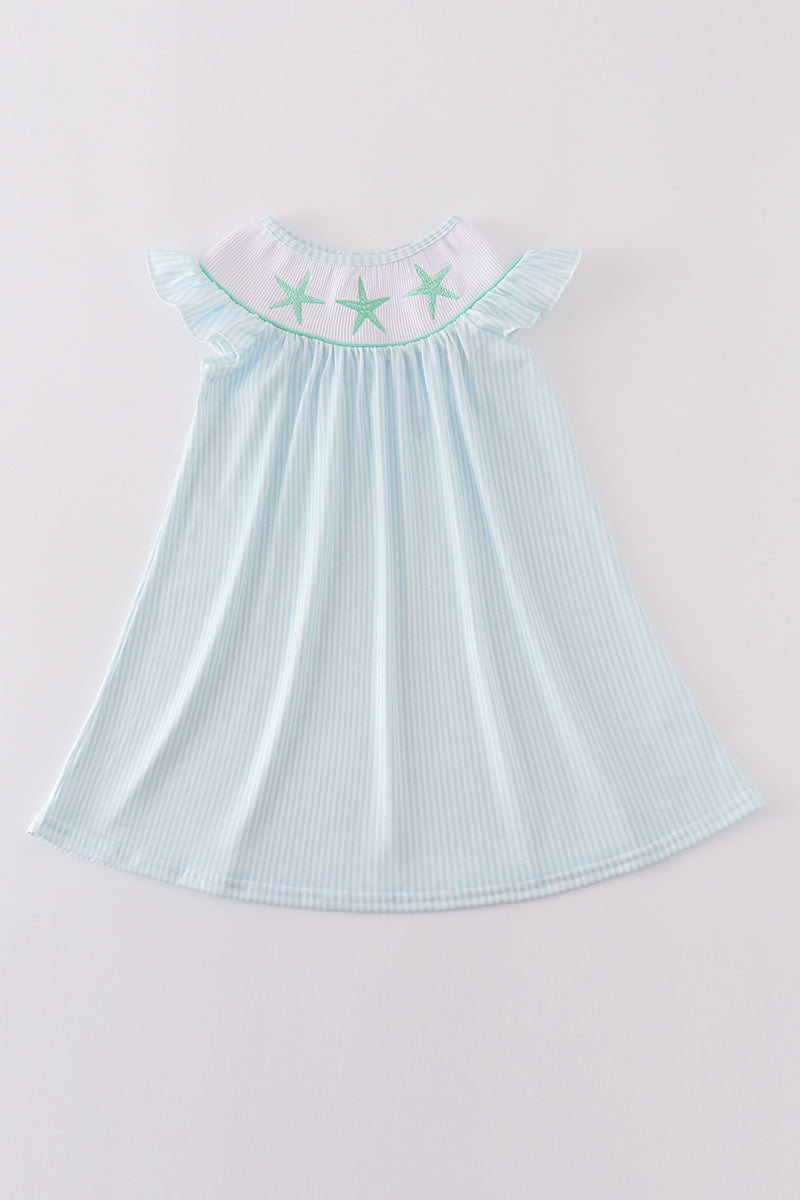 Blue stripe starfish embroidery smocked dress