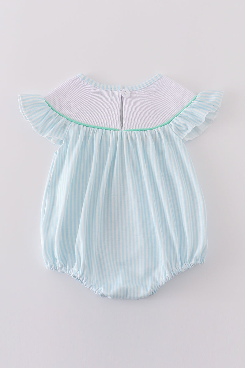 Blue stripe starfish embroidery smocked girl bubble