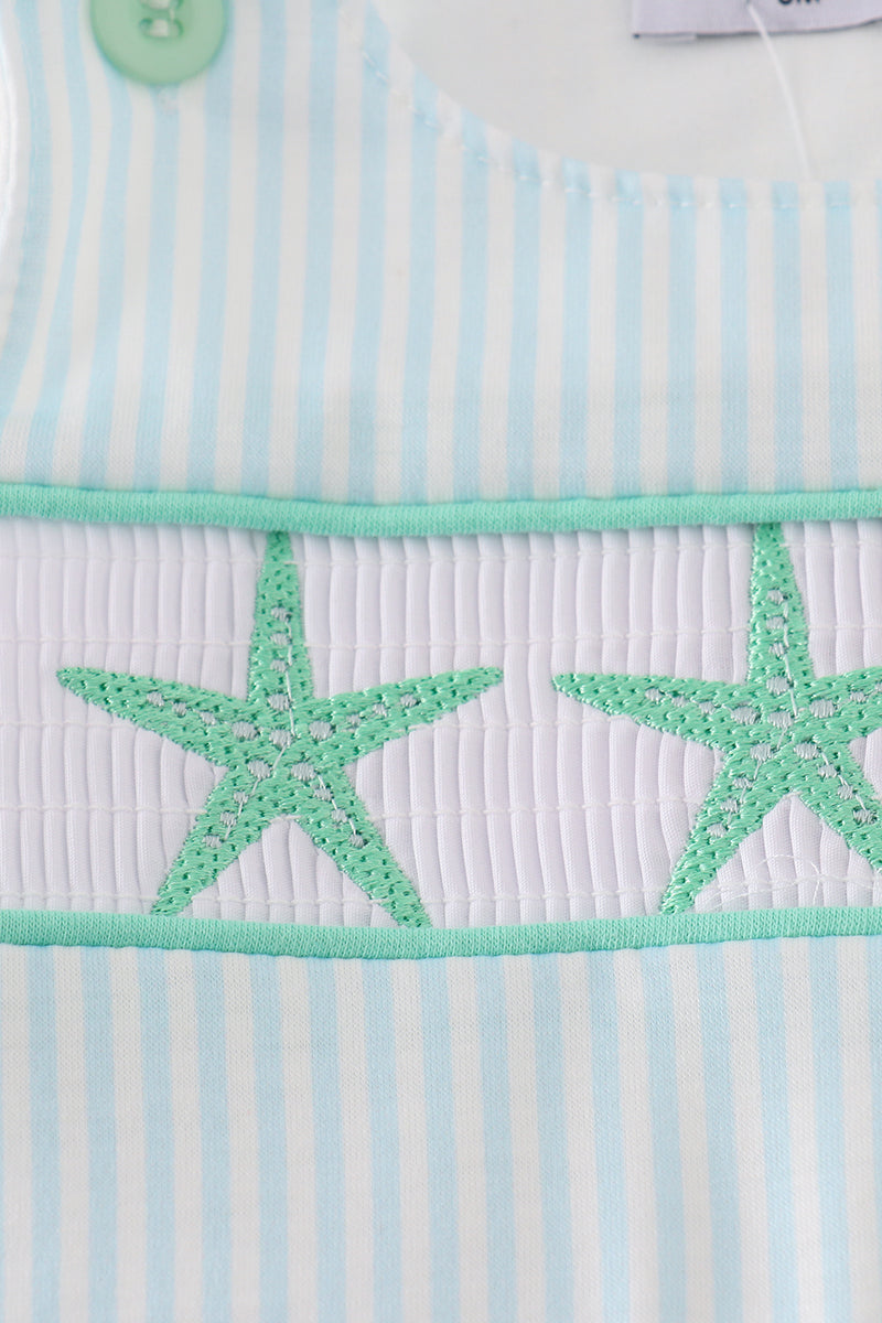 Blue stripe starfish embroidery smokced boy bubble