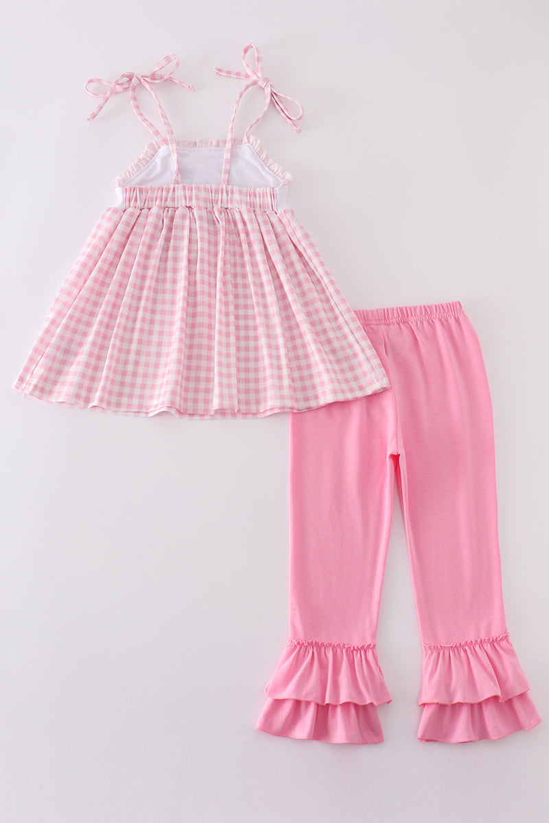 Pink bunny embroidery gingham set