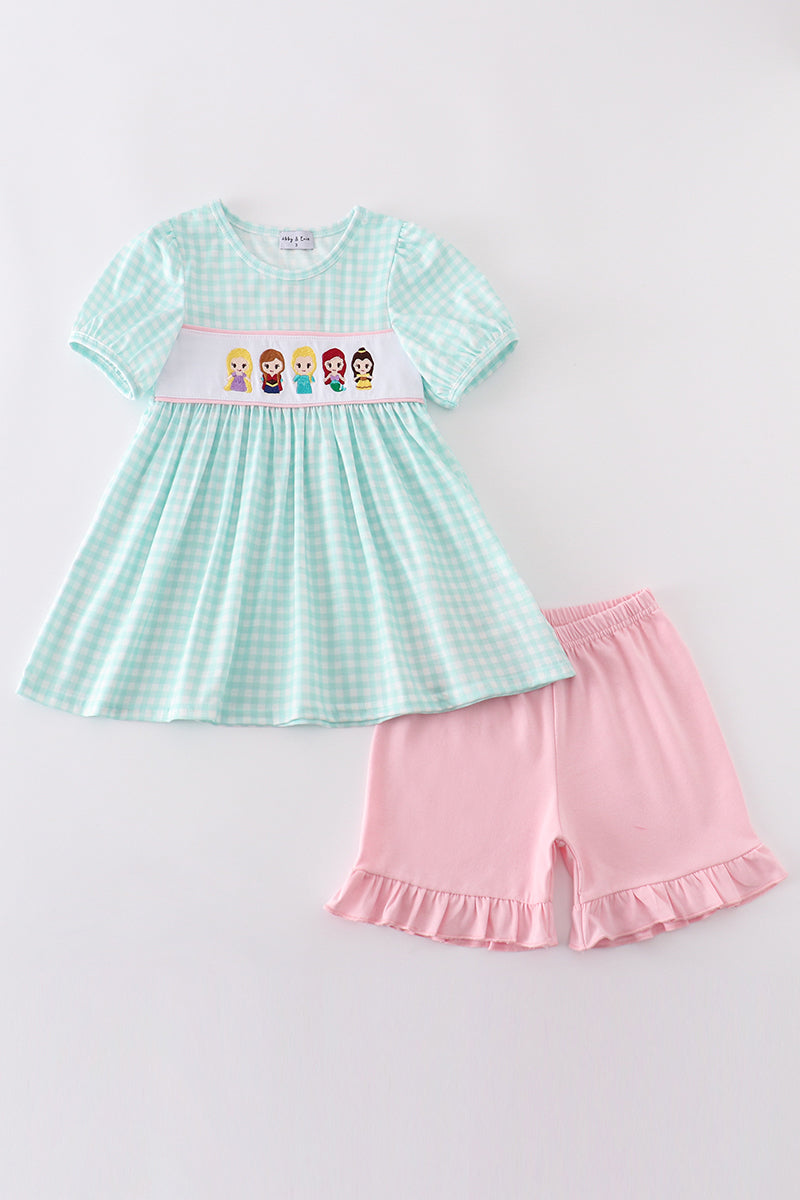 Blue princess embroidery girl gingham set