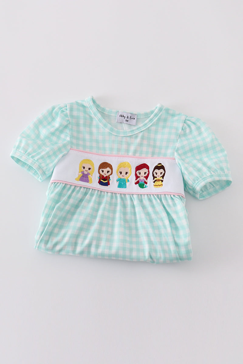 Blue princess embroidery girl gingham bubble