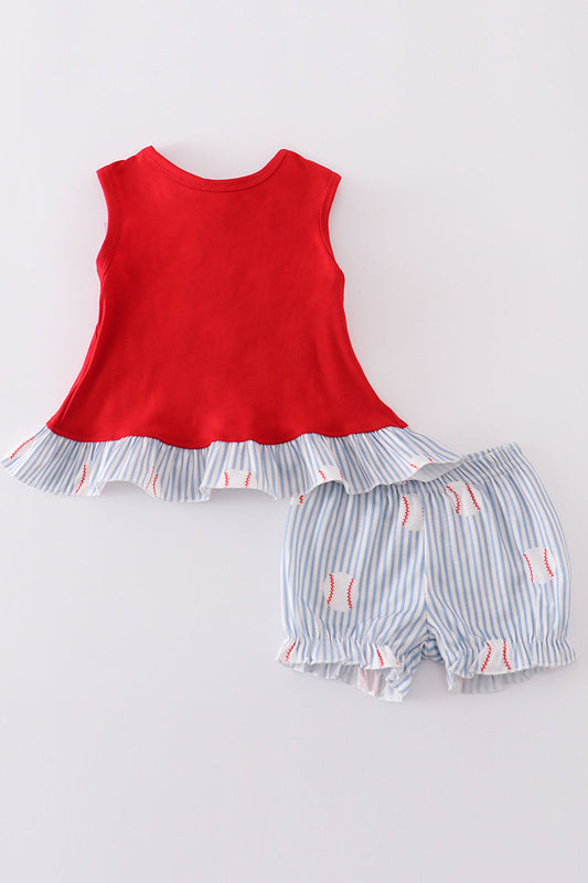 Red stripe bow baseball bloomer set