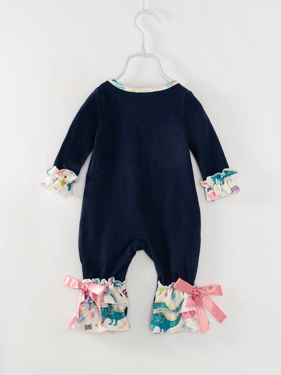 Dark Blue Dinosaur Ruffle Baby Girl Romper