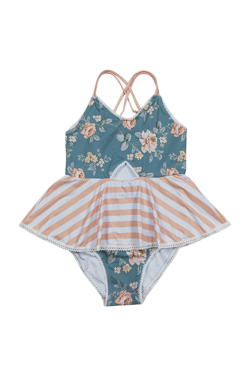 Teal floral print girl one-piece swimsuit