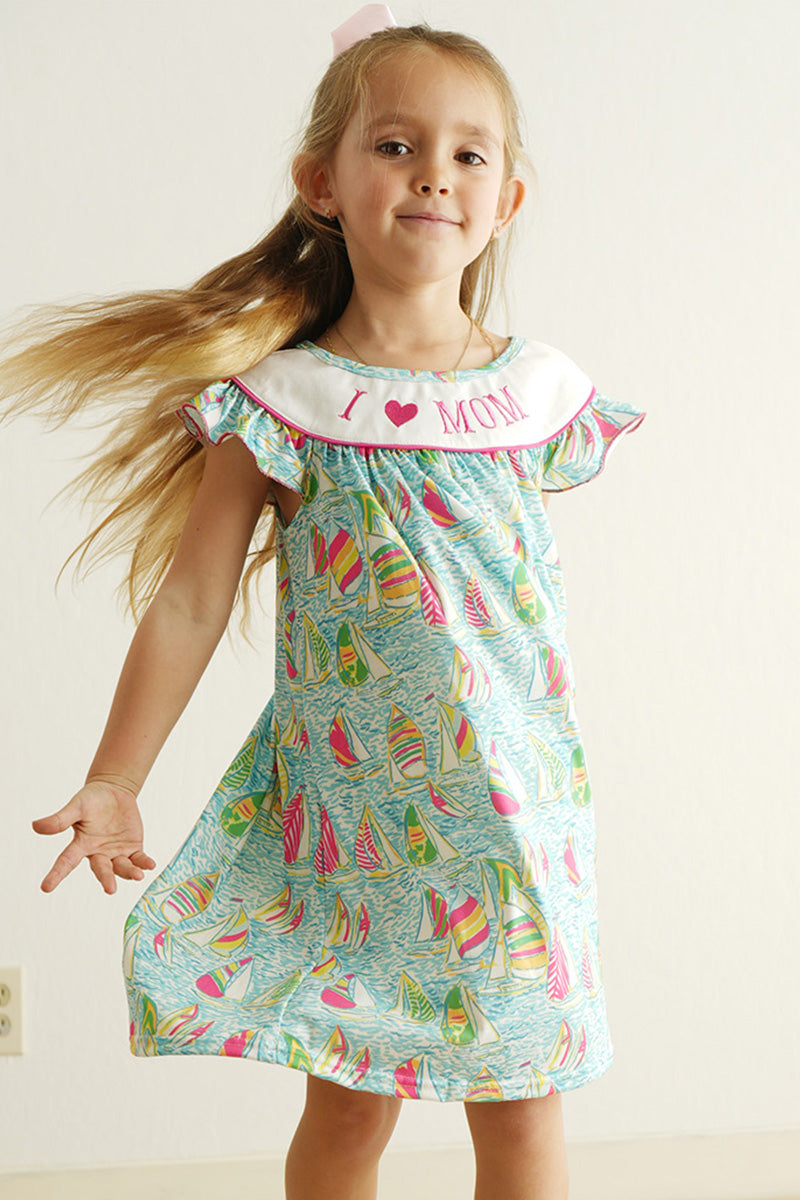 Green sailboat love I love MOM embroidery girl dress