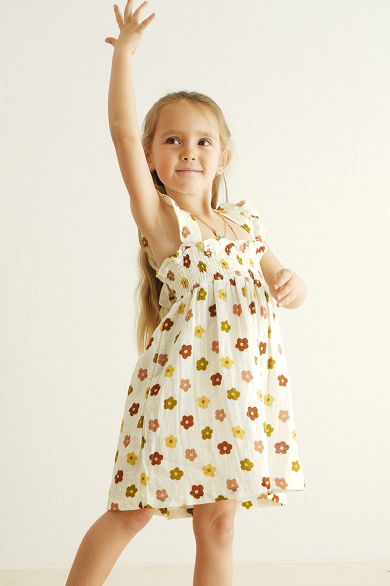 Premium Organic muslin floral smocked ruffle dress