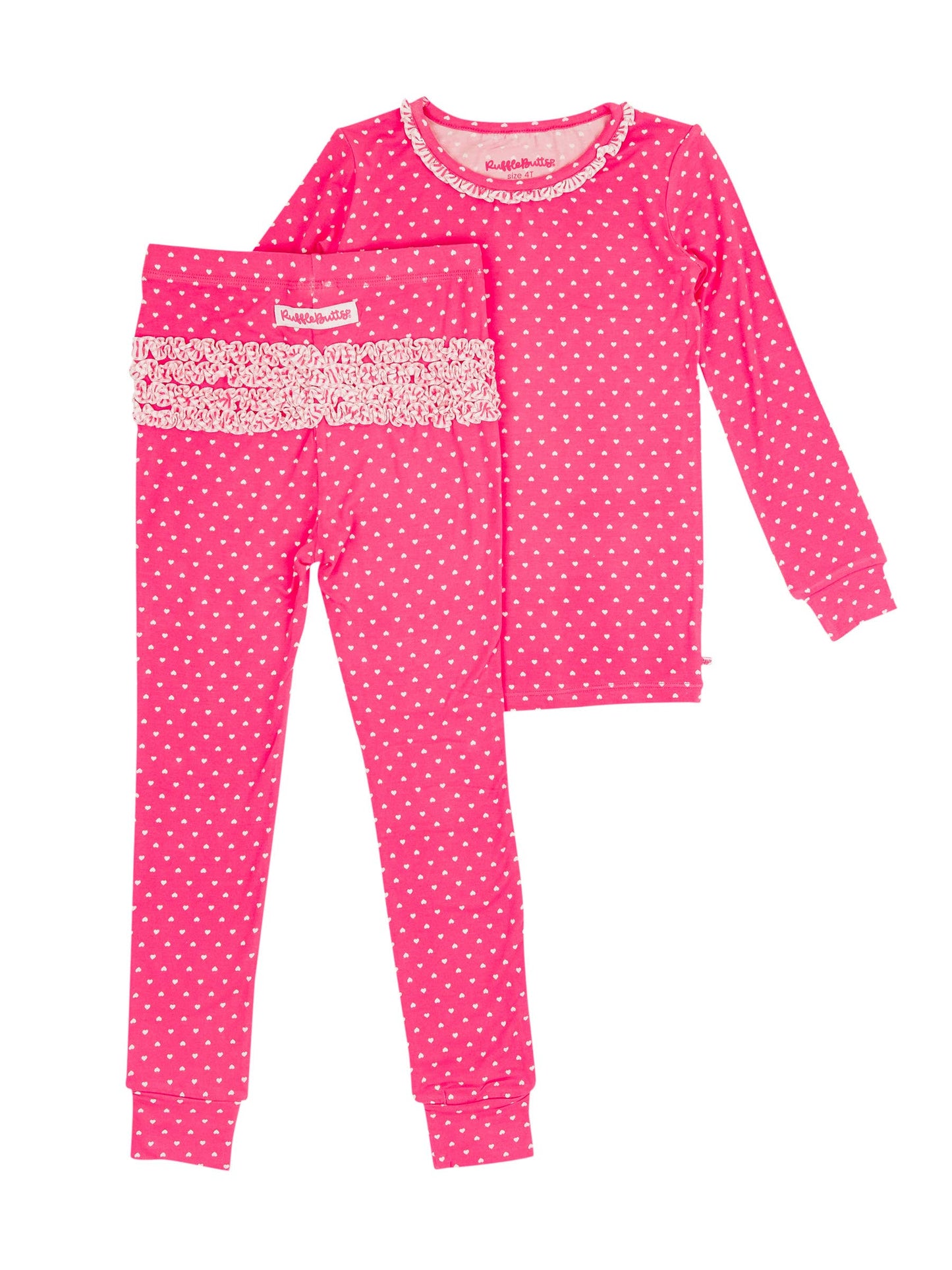 Toddler Girls Hot Pink Hearts Polka Dot Bamboo Viscose Ruffle Long Sleeve Pajama Set