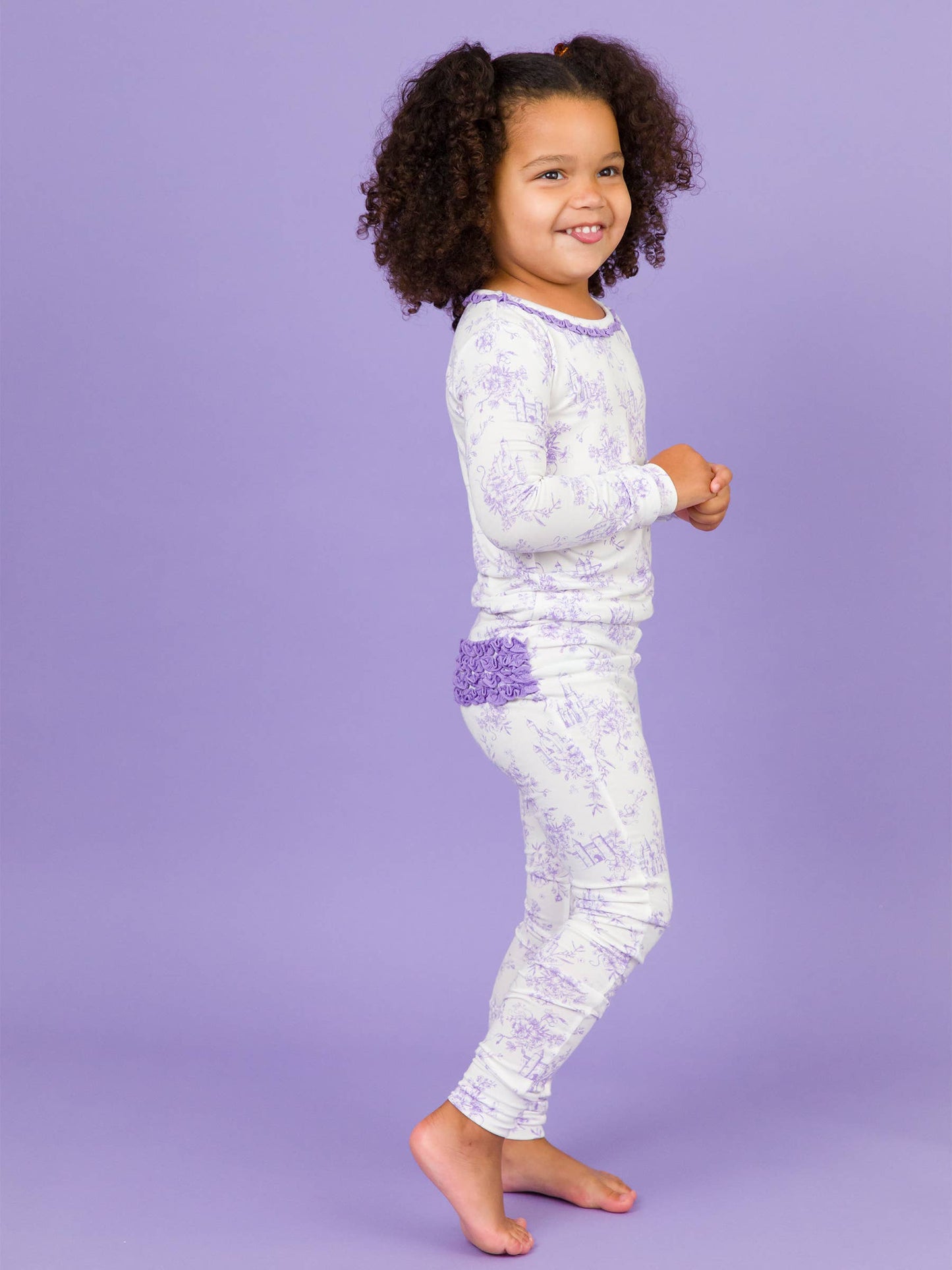 Toddler Girls Purple Princess Castle Toile Bamboo Viscose Ruffle Long Sleeve Pajama Set