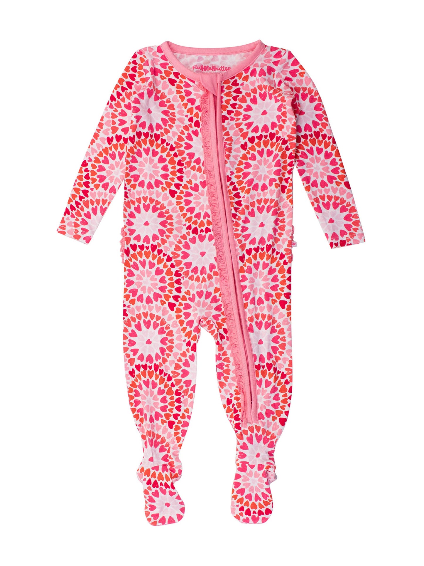 Baby Girls Pink Kaleidoscope Hearts Bamboo Viscose Footed Ruffle One Piece Pajama