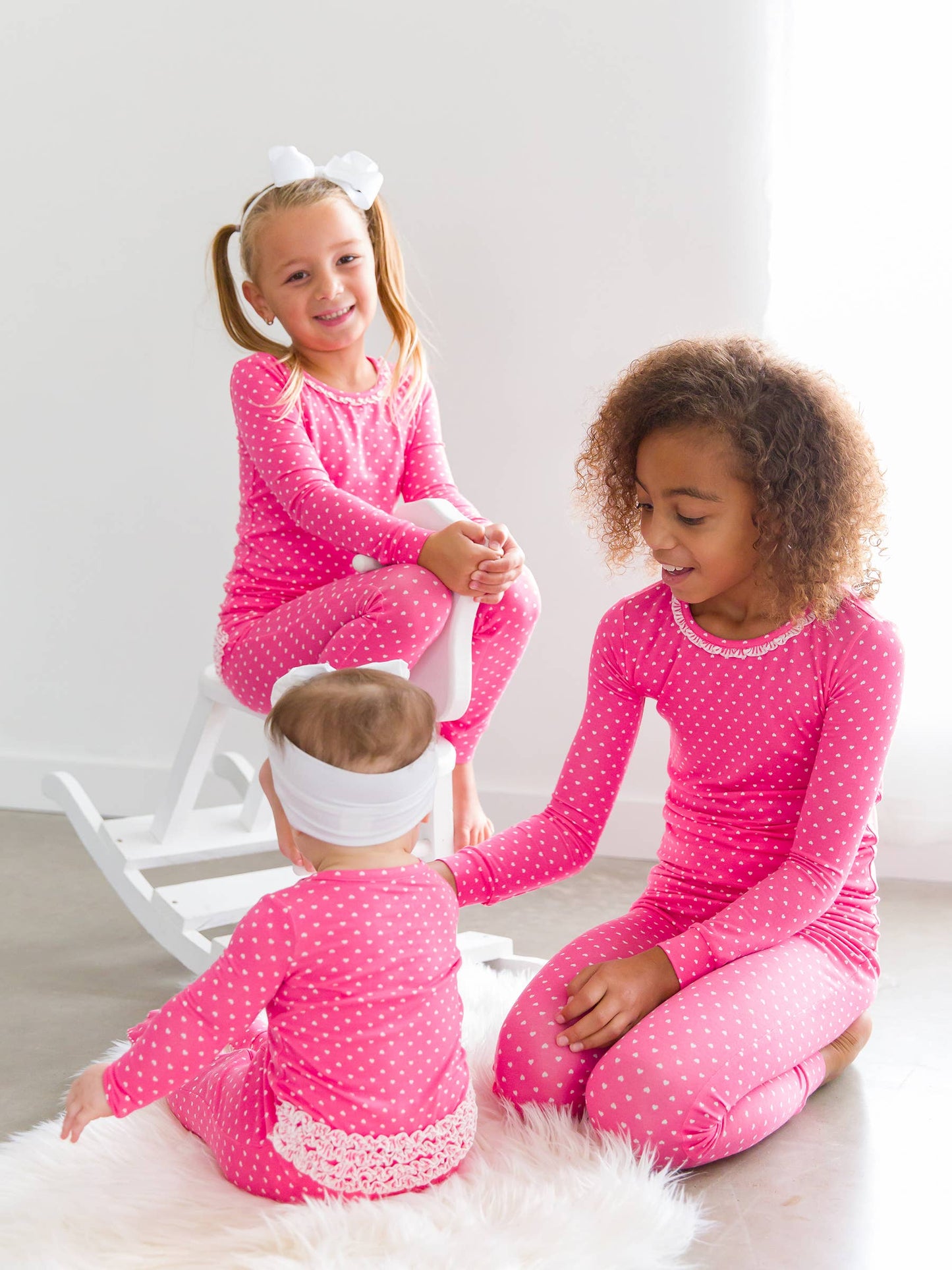 Toddler Girls Hot Pink Hearts Polka Dot Bamboo Viscose Ruffle Long Sleeve Pajama Set