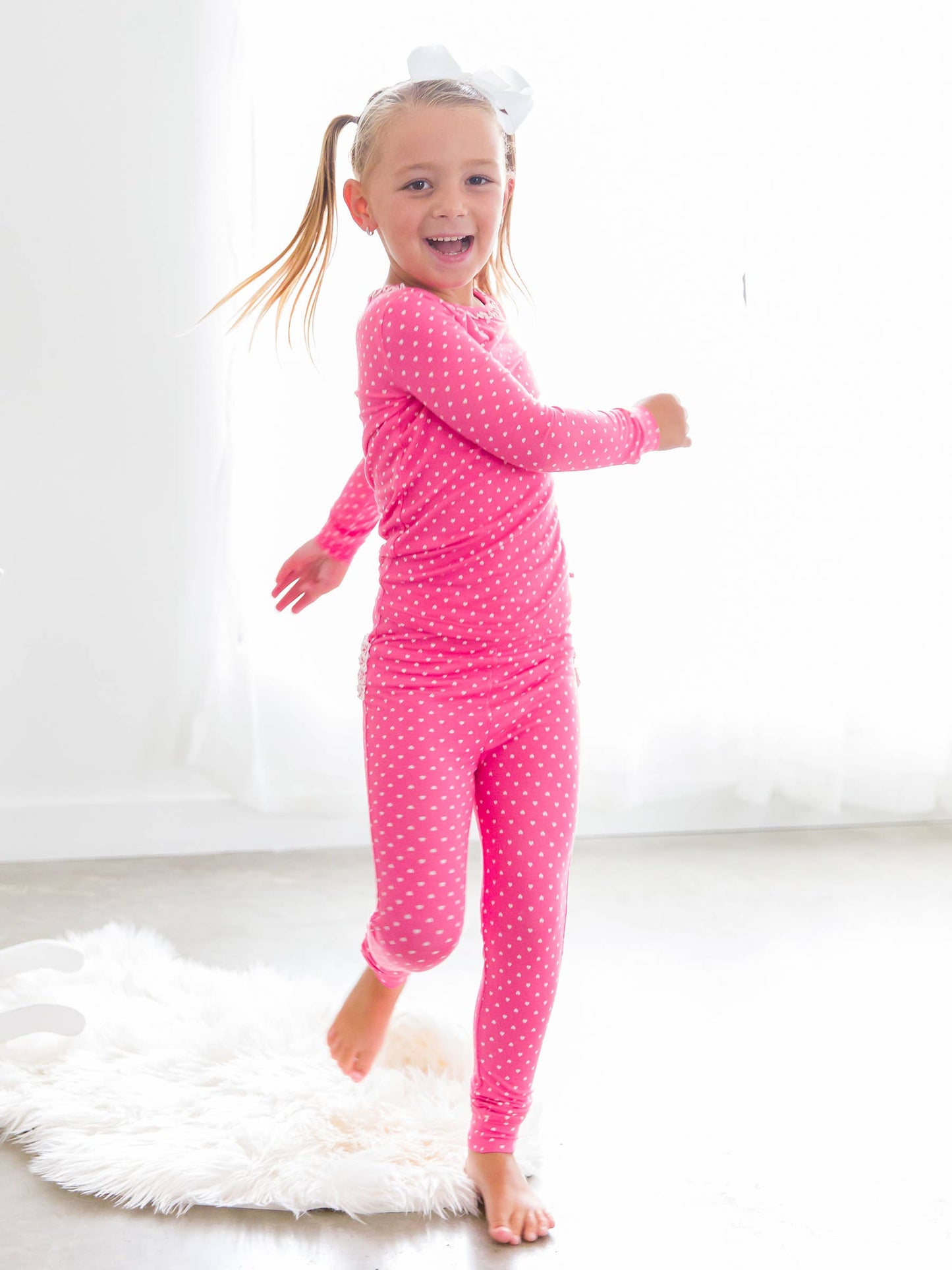 Toddler Girls Hot Pink Hearts Polka Dot Bamboo Viscose Ruffle Long Sleeve Pajama Set