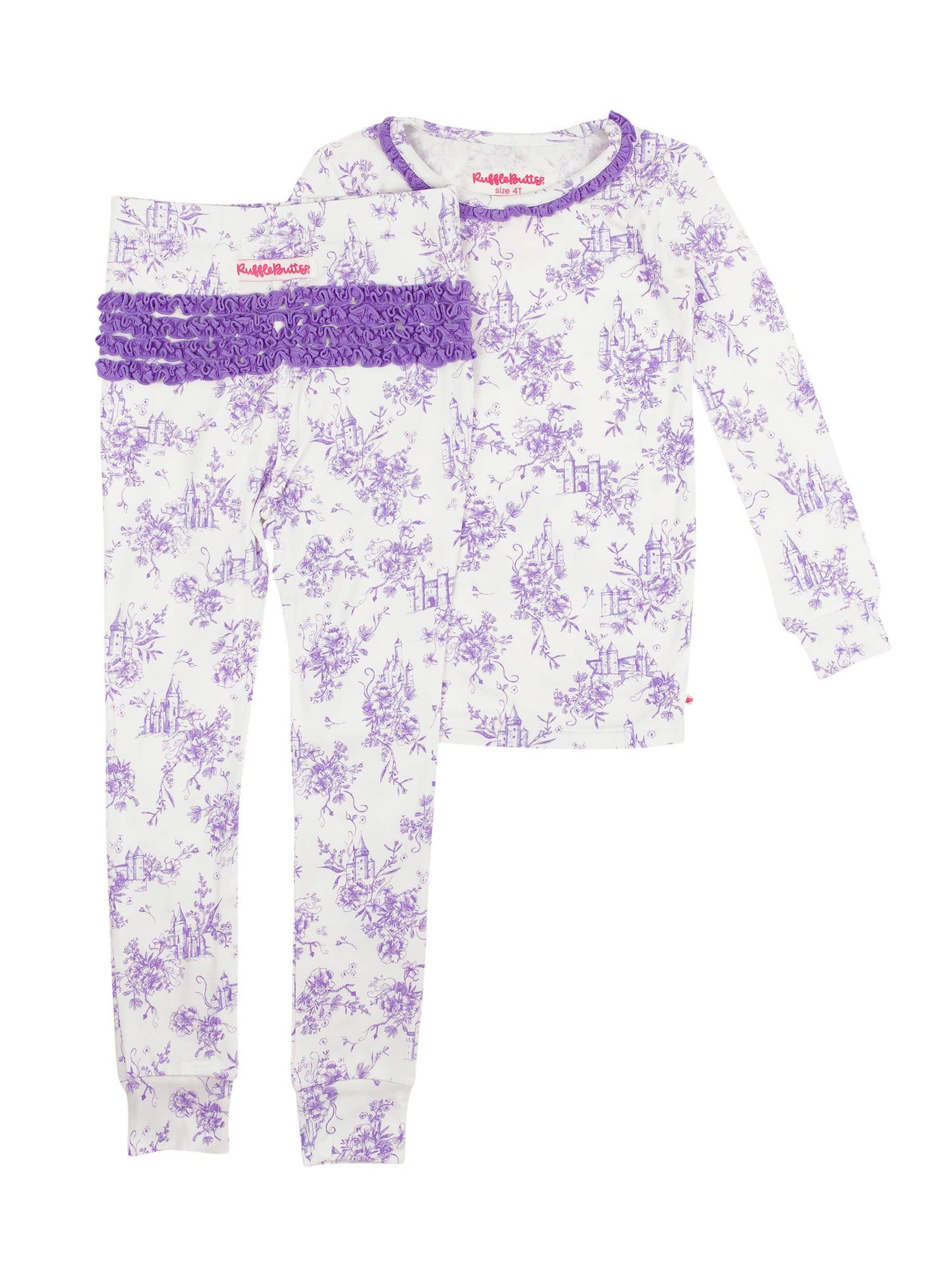 Toddler Girls Purple Princess Castle Toile Bamboo Viscose Ruffle Long Sleeve Pajama Set