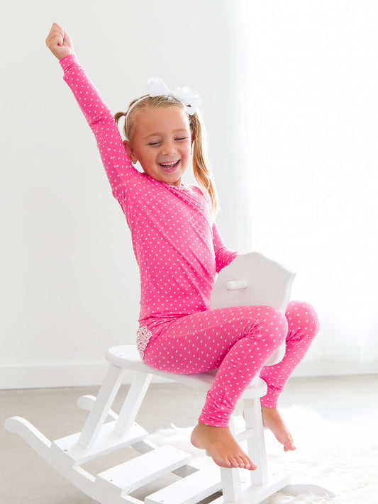 Toddler Girls Hot Pink Hearts Polka Dot Bamboo Viscose Ruffle Long Sleeve Pajama Set