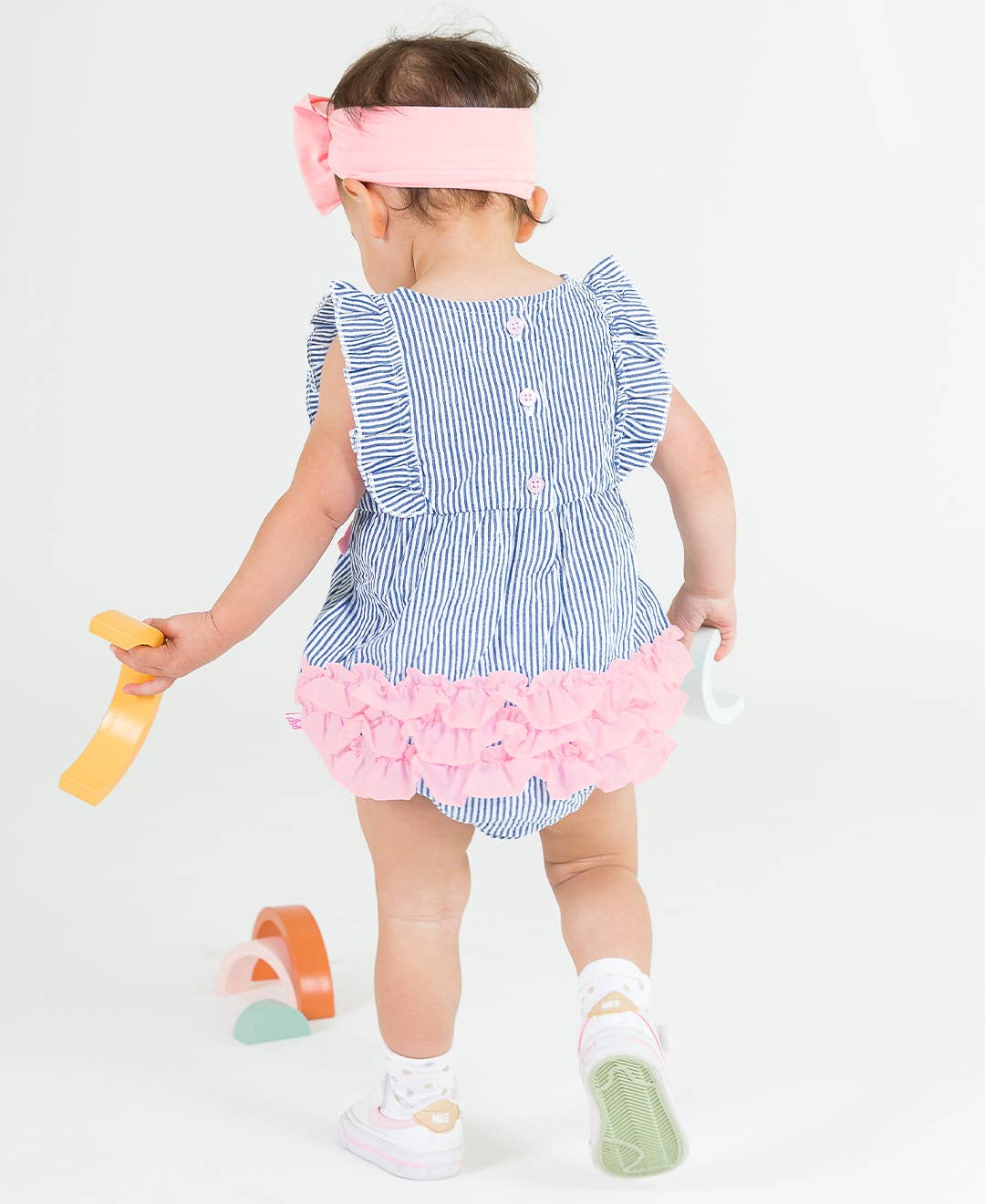 Baby Girls Blue Seersucker Classic Ruffle Bubble Romper