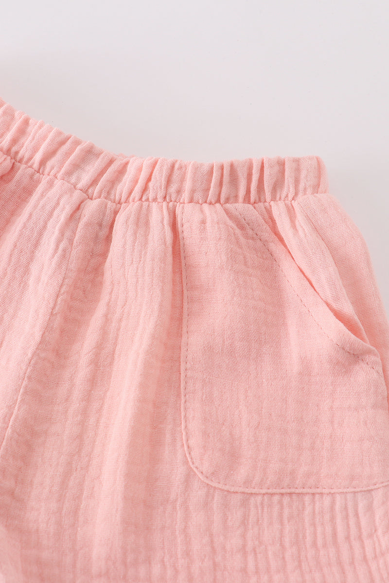 Premium Pink muslin bow shorts set