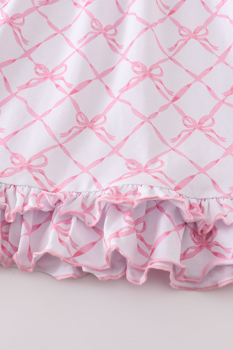 Premium Pink bow tie print ruffle pajamas dress