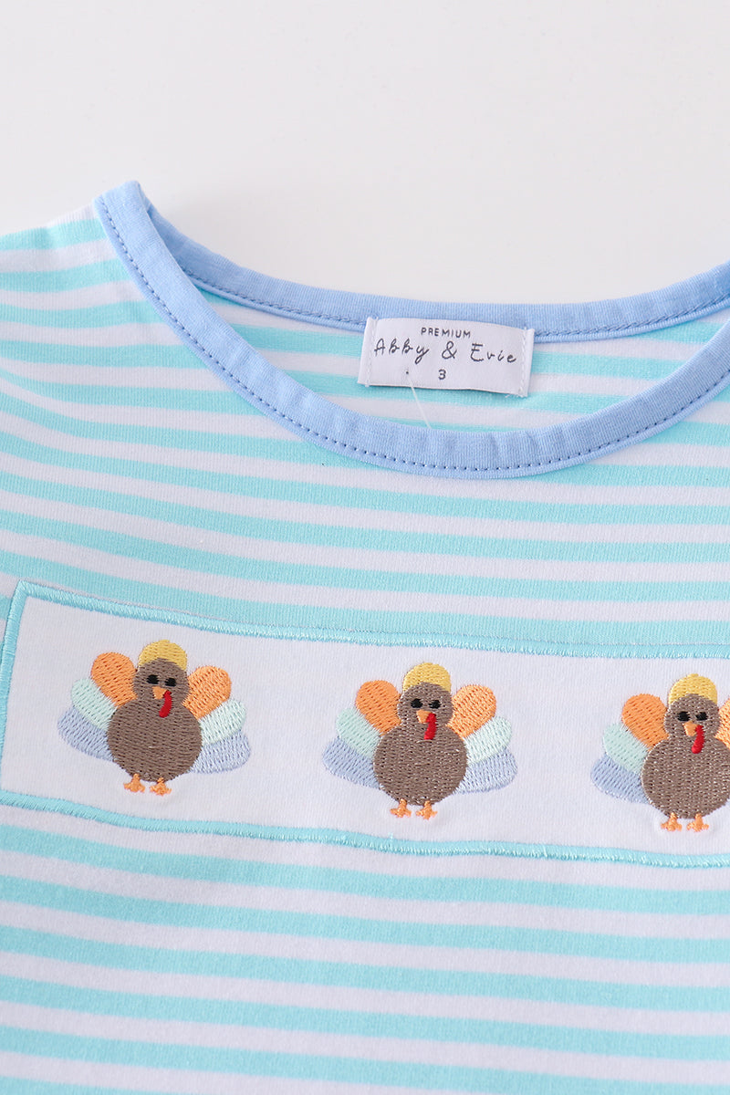 Premium Green stripe turkey embroidery girl top