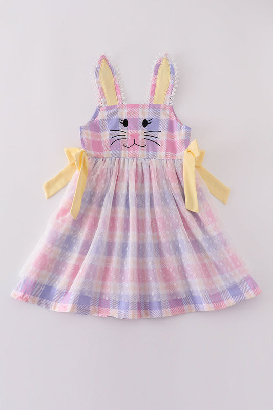 Premium pink bunny bow plaid dress