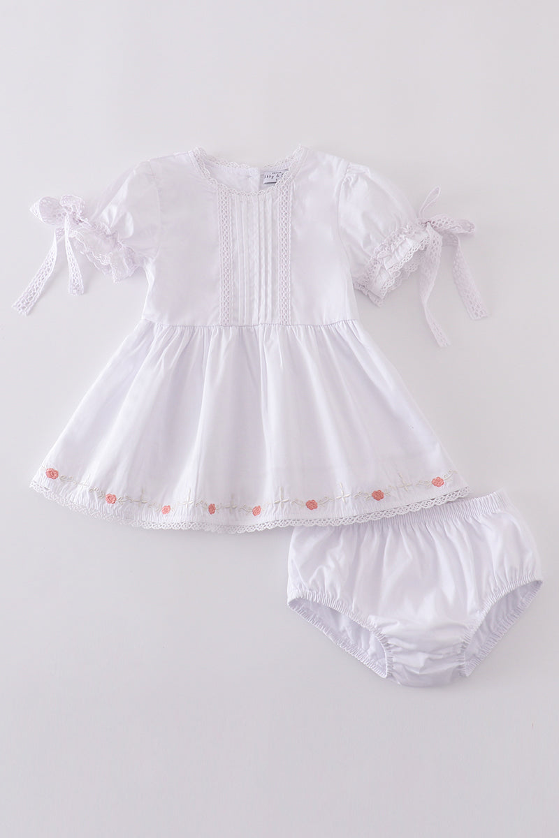 Premium white floral embroidery baby romper set