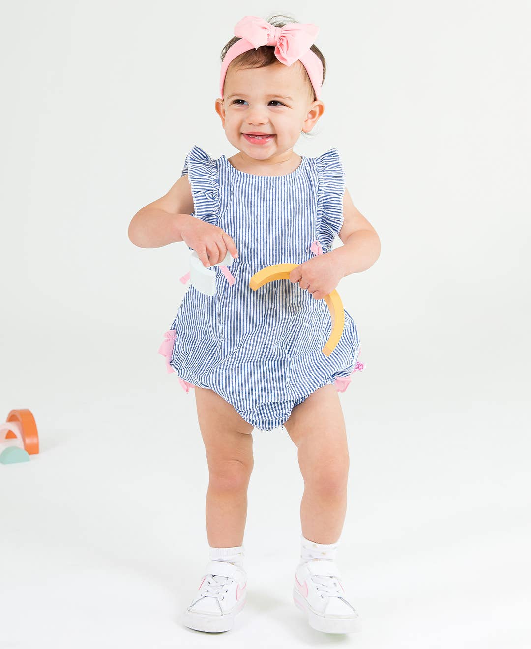 Baby Girls Blue Seersucker Classic Ruffle Bubble Romper