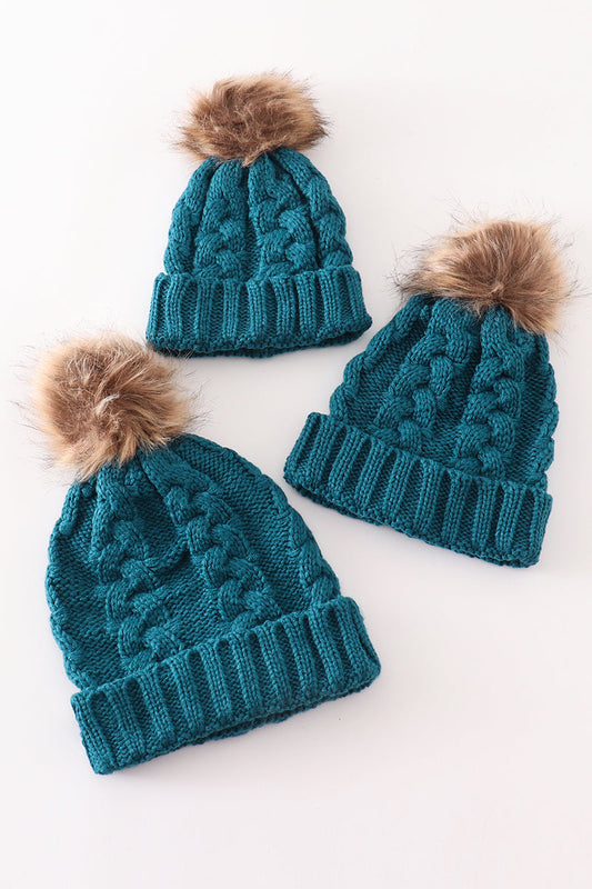 Teal pompom cable beanie