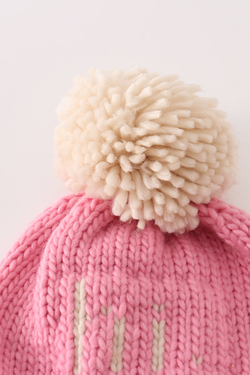 Pink pompom hi cable beanie