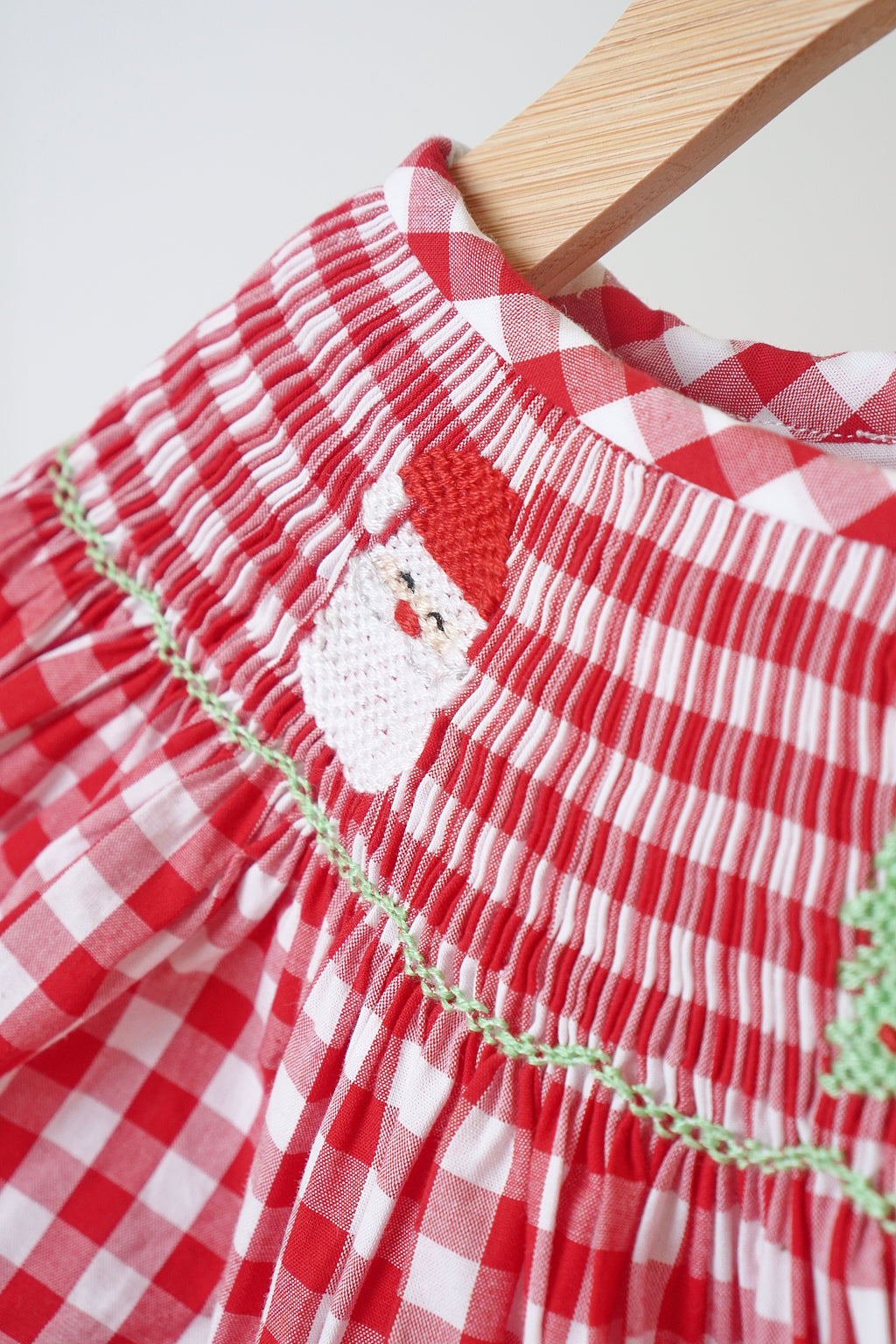 Red christmas santa tree reindeer hand smocked gingham dress