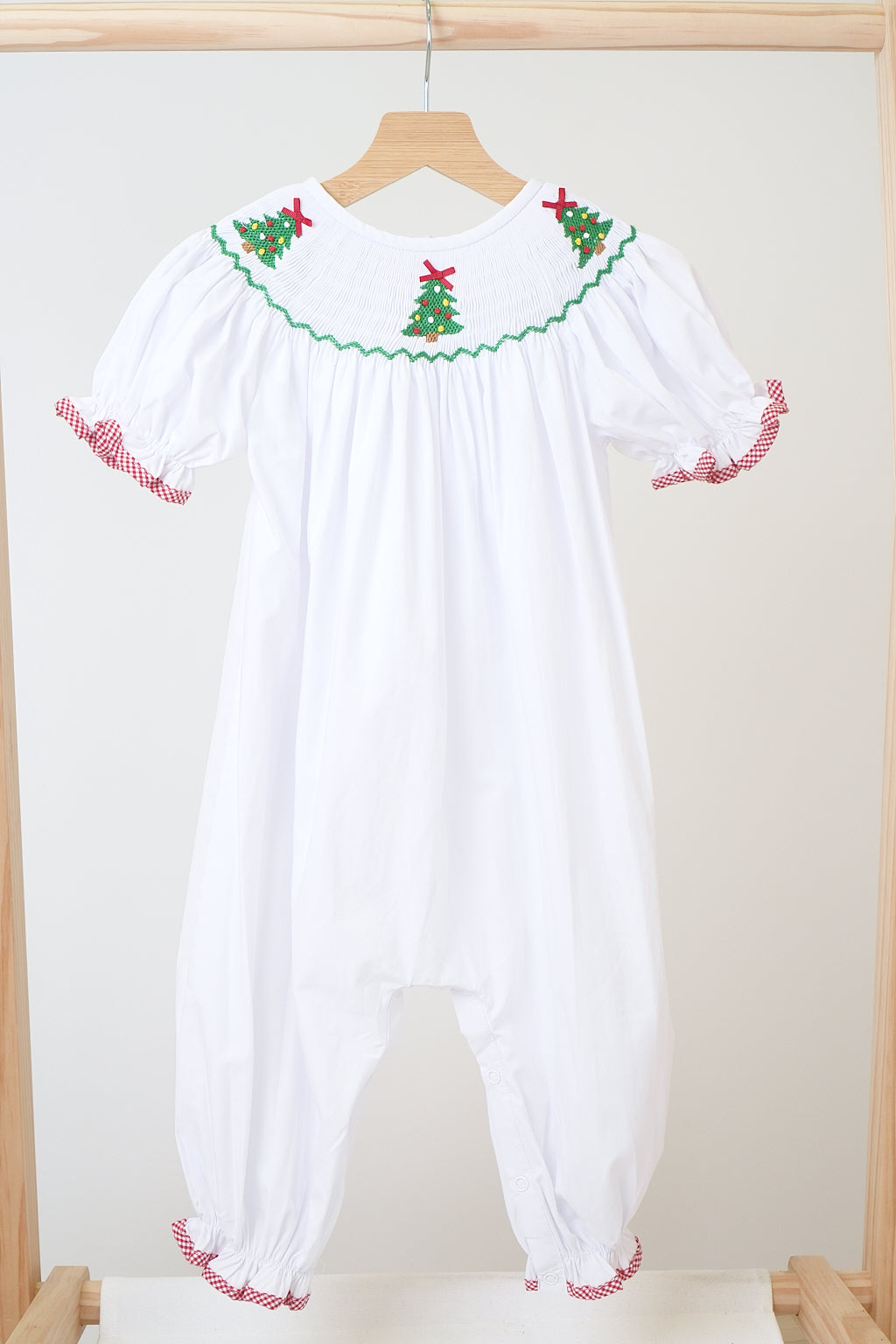 White chrismtas tree hand smocked girl romper