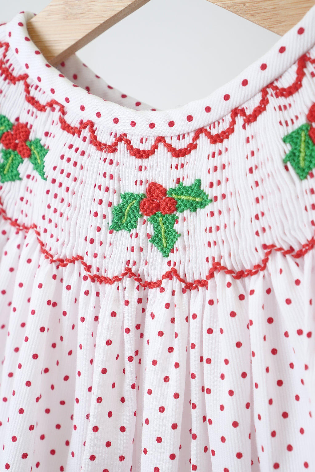 Red christmas bishop hand smocked dot bubble