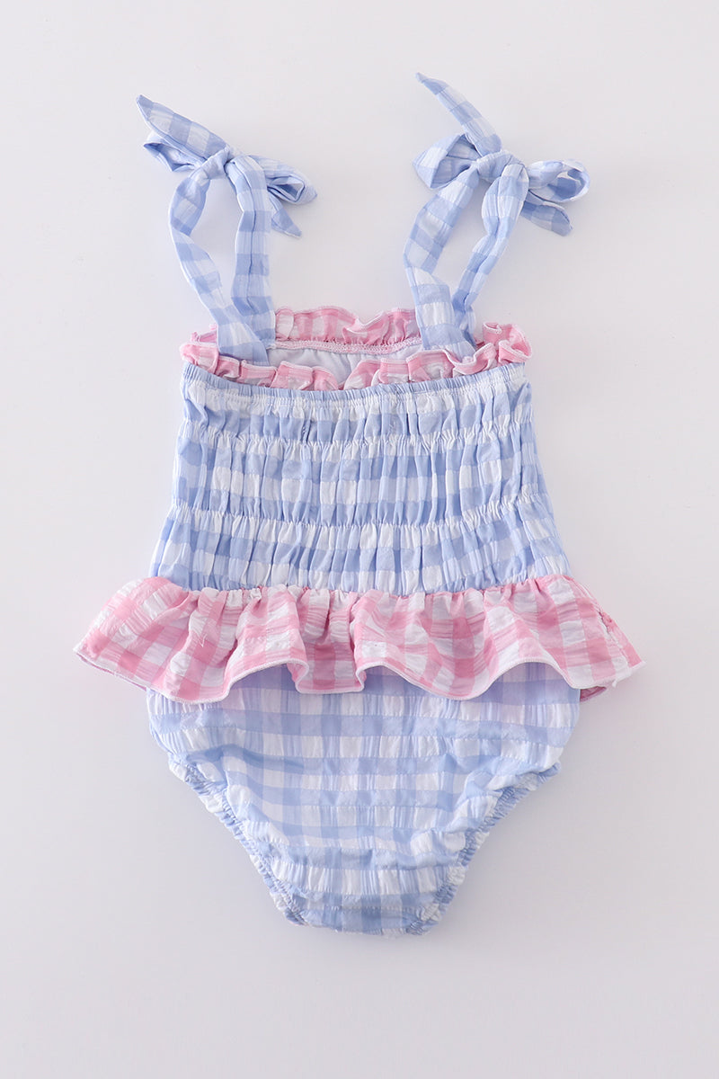 Blue seersucker gingham one-piece girl swimsuit