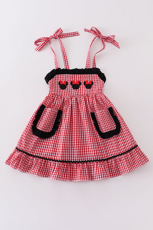 Red gingham woven character embroidery girl dress