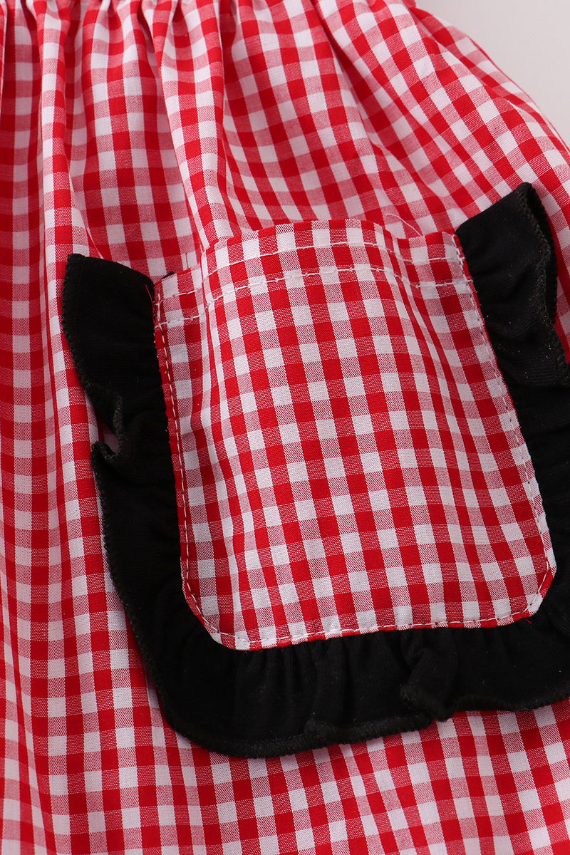 Red gingham woven character embroidery girl dress