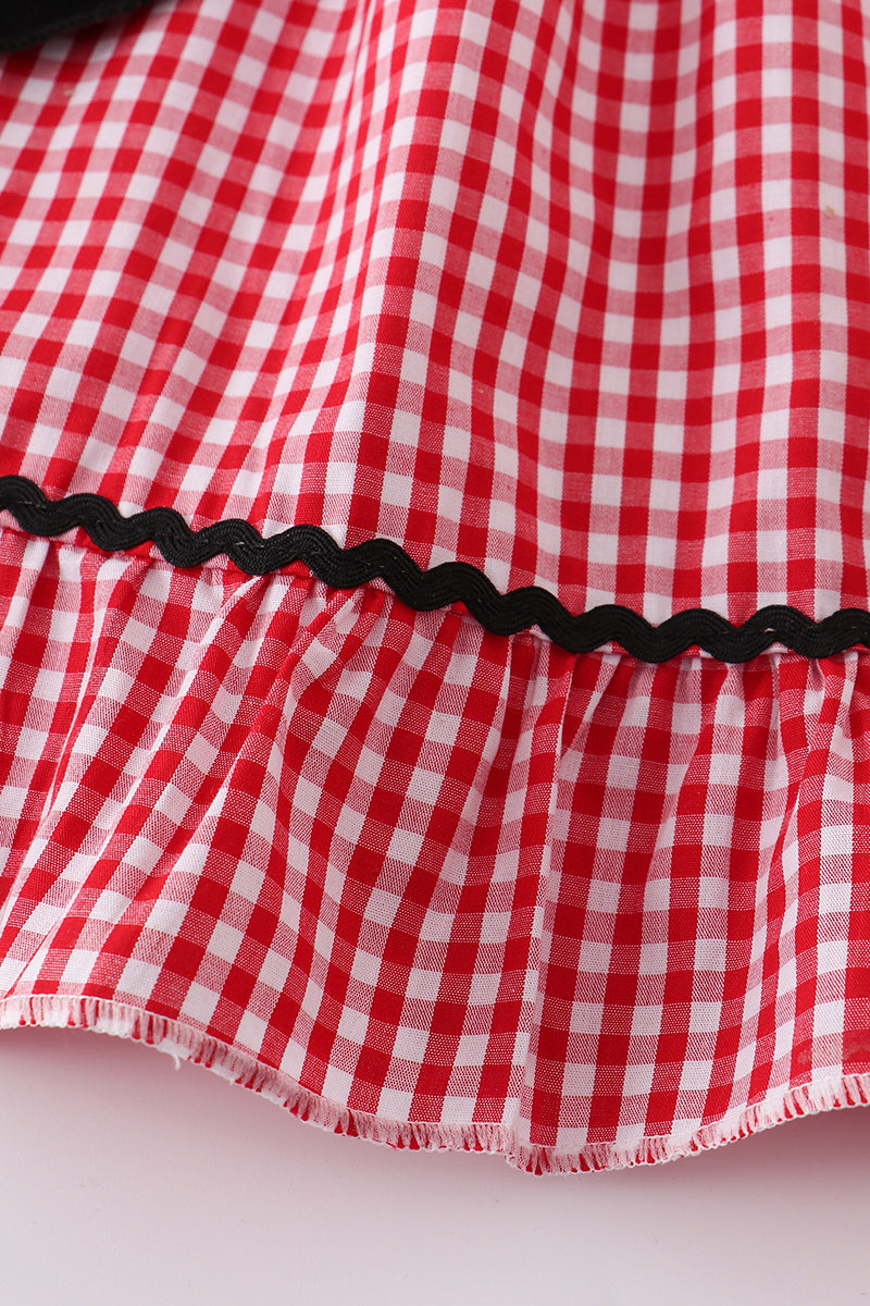 Red gingham woven character embroidery girl dress