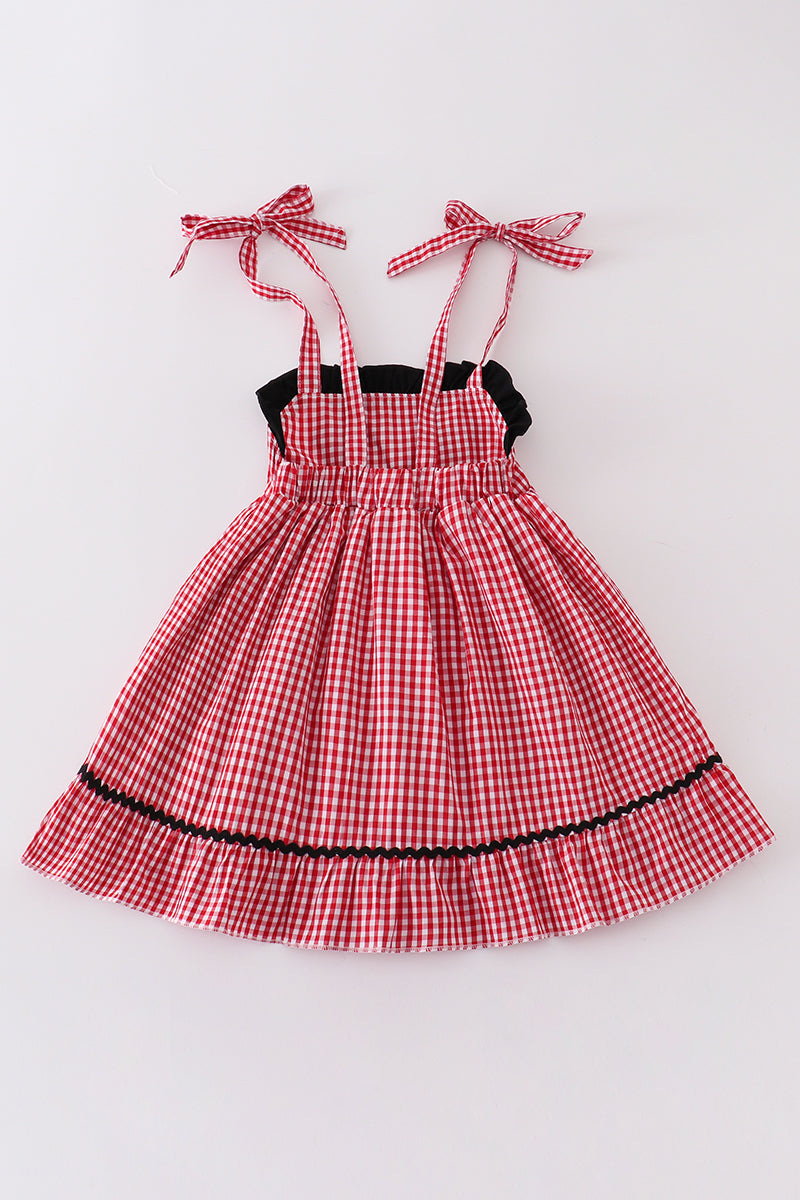 Red gingham woven character embroidery girl dress