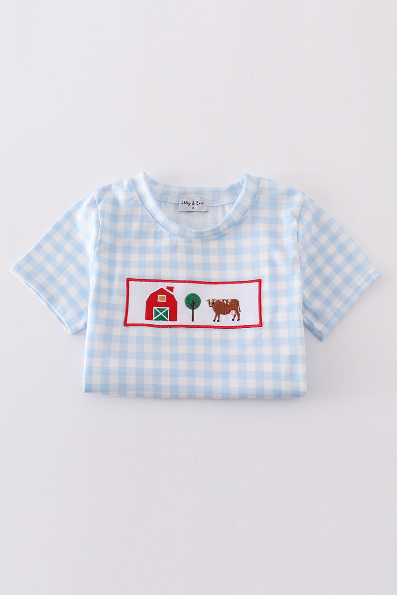 Blue farm embroidery gingham set