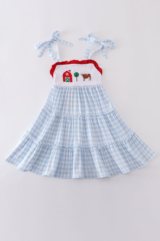 Blue farm embroidery tiered dress