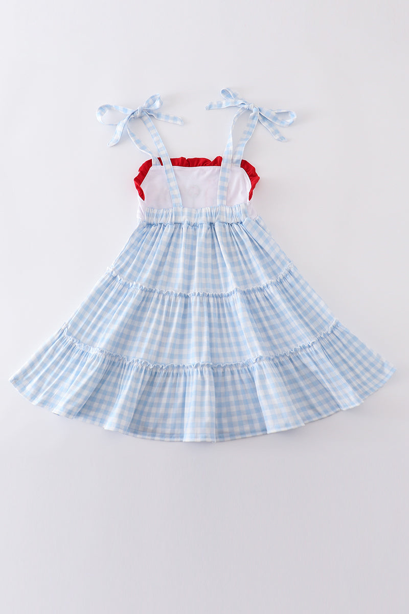 Blue farm embroidery tiered dress